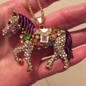 Betsy Johnson Purple Enameled and Rhinestone Horse Necklace.